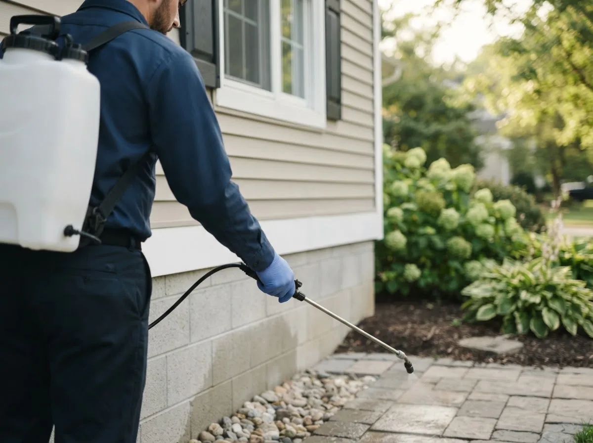 Pest control technician inspecting a home in Portola, CA